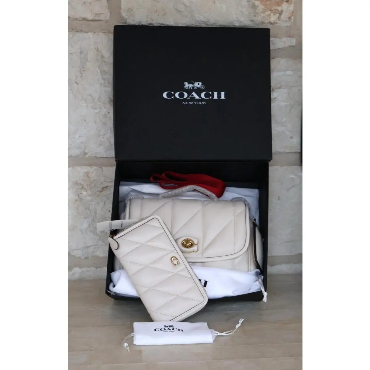 Coach  bag  - COACH Madison Pillow Top C8560 (Largest size in this bag Medium) - Handle/Strap: Brass with Woven Leather Chain Shoulder/crossbody/handbag, Hardware: Brass, Exterior: Chalk