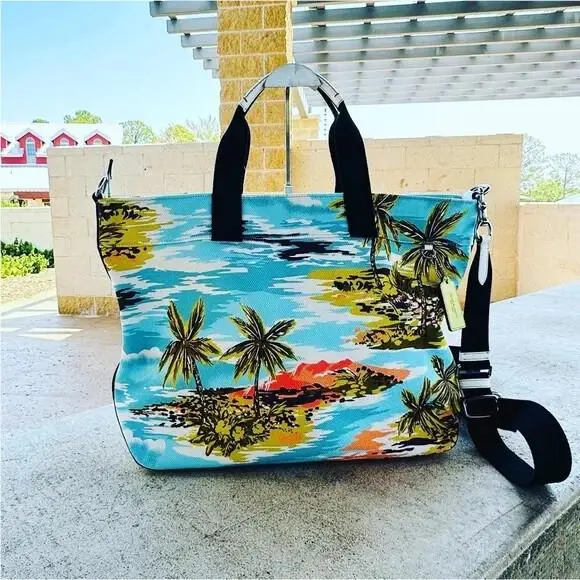 Tote 38 Hawaiian Print Canvas Smooth Leather Crossbody Shoulder Handbag by Coach