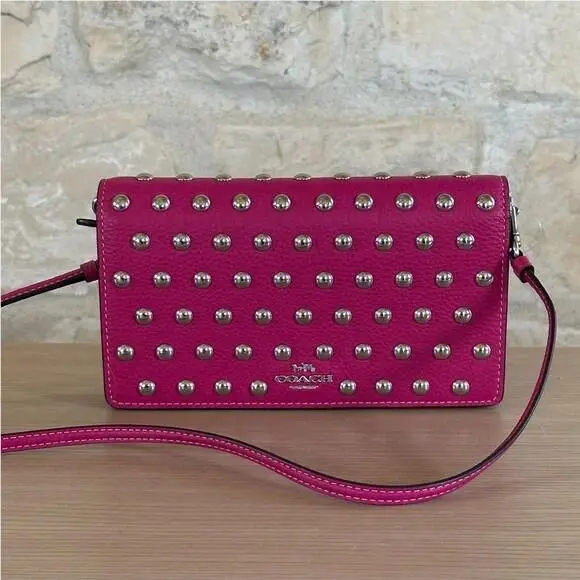Coach Anna Foldover Clutch Crossbody with Rivets Pebble Cerise Black Denim