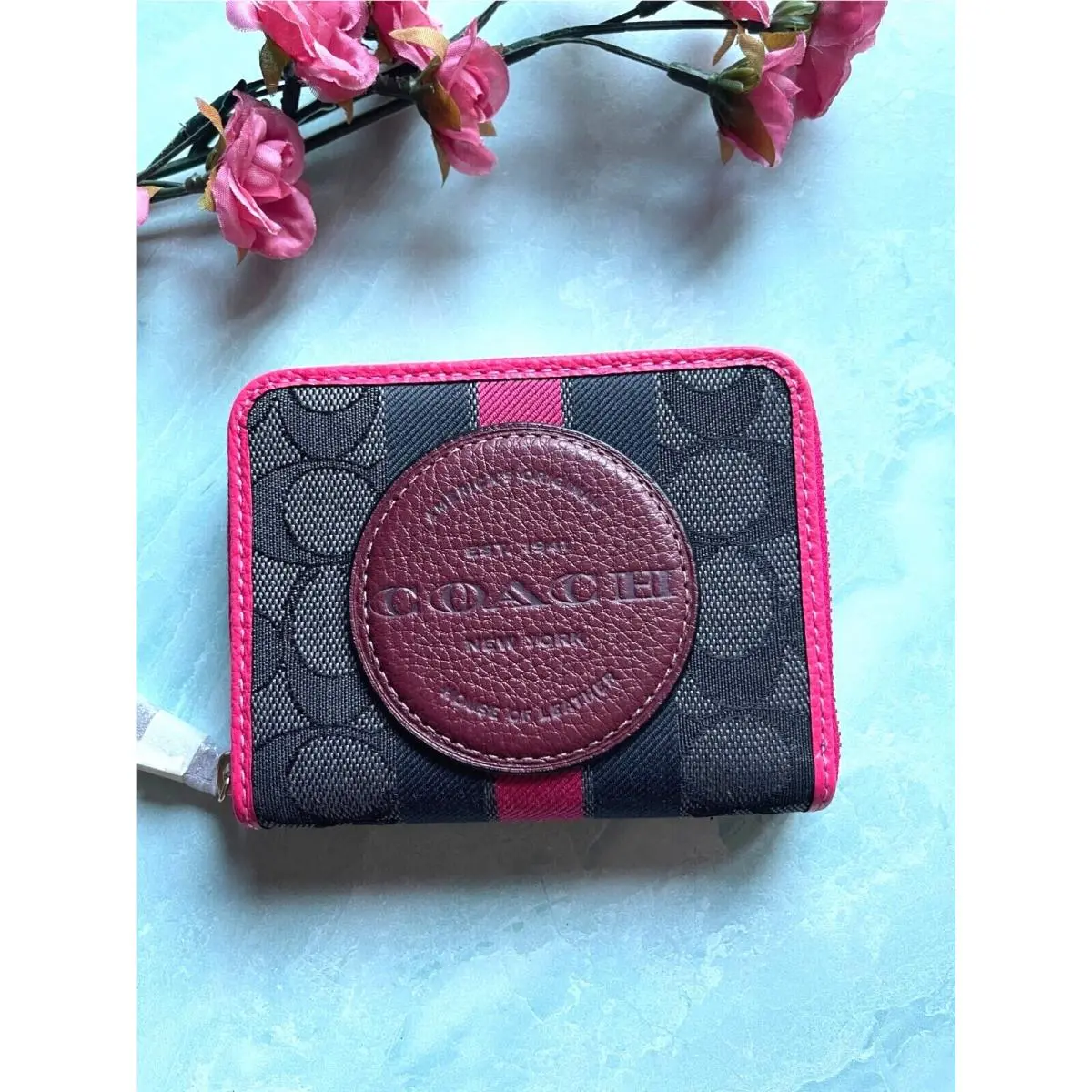 BN  Zip Around Wallet Signature Jacquard Stripe Patch 2637 Black wine multi by Coach