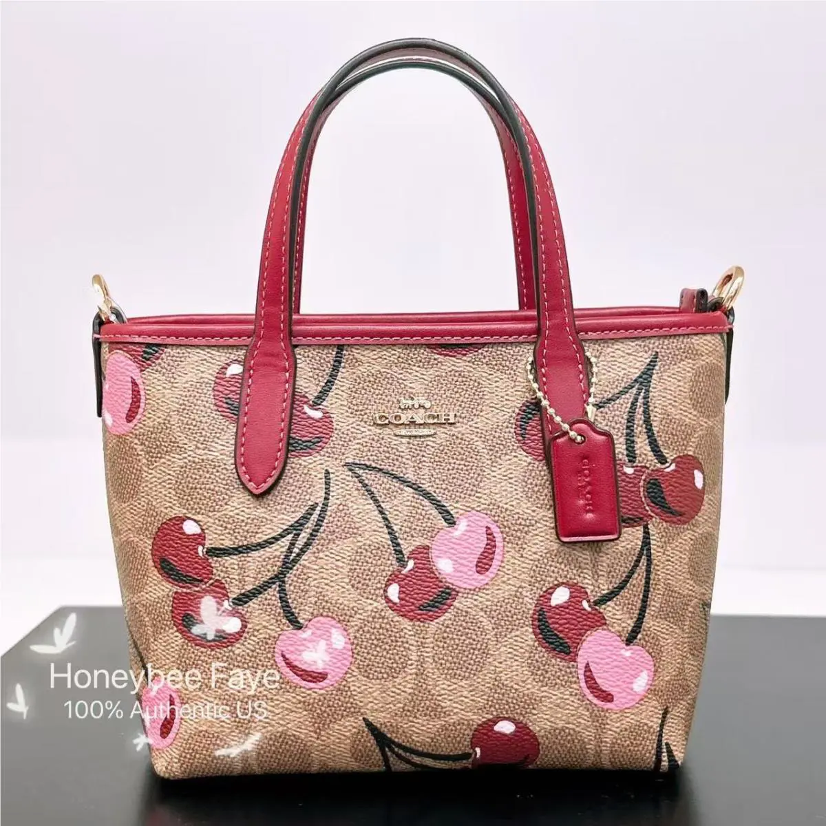 City Mini Tote Bag in Camo/ Cherry Print CW033/CW034/CW031 CY737 Gold/Tan Multi by Coach