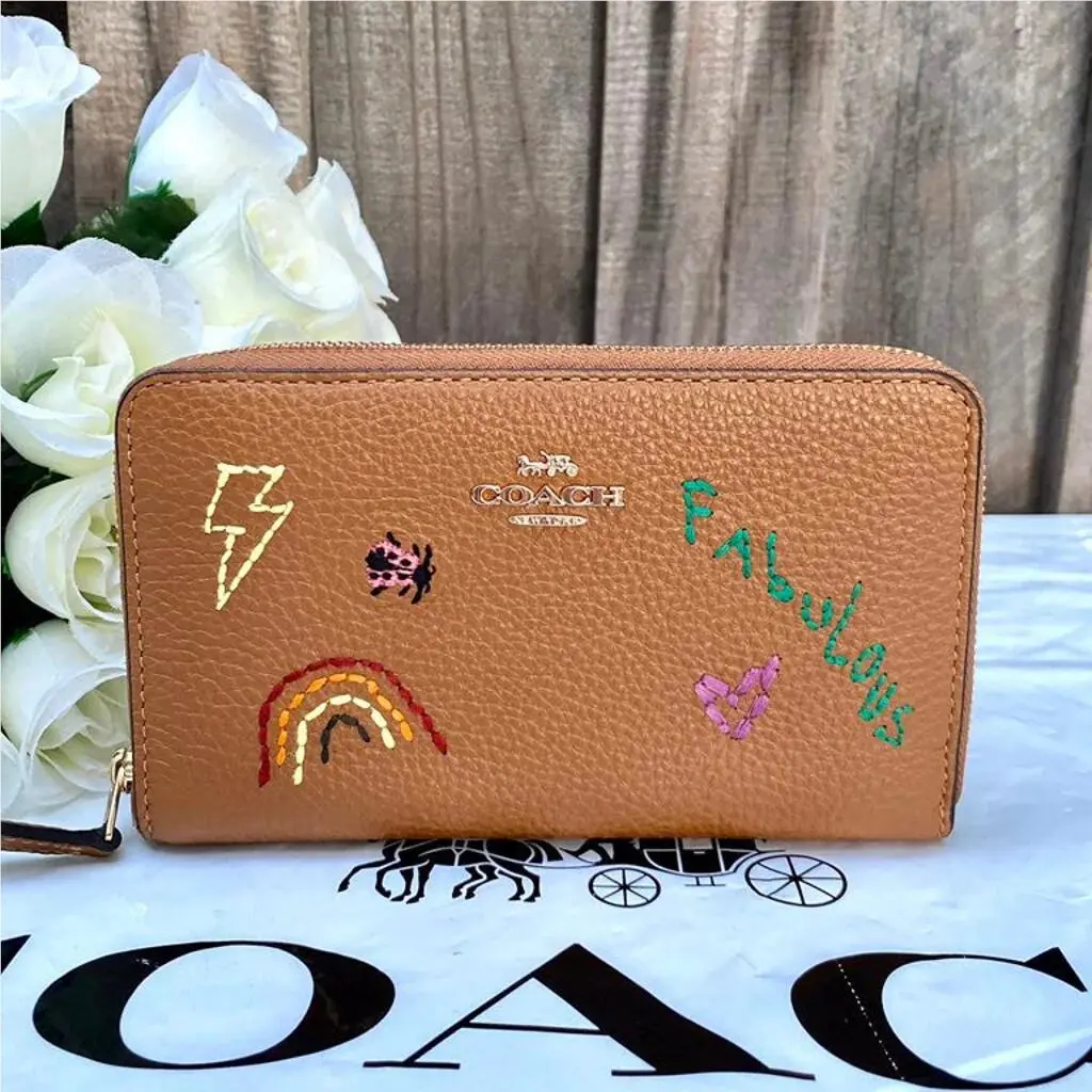 Medium Id Zip Wallet with Diary Embroidery Gold/Penny Multi by Coach