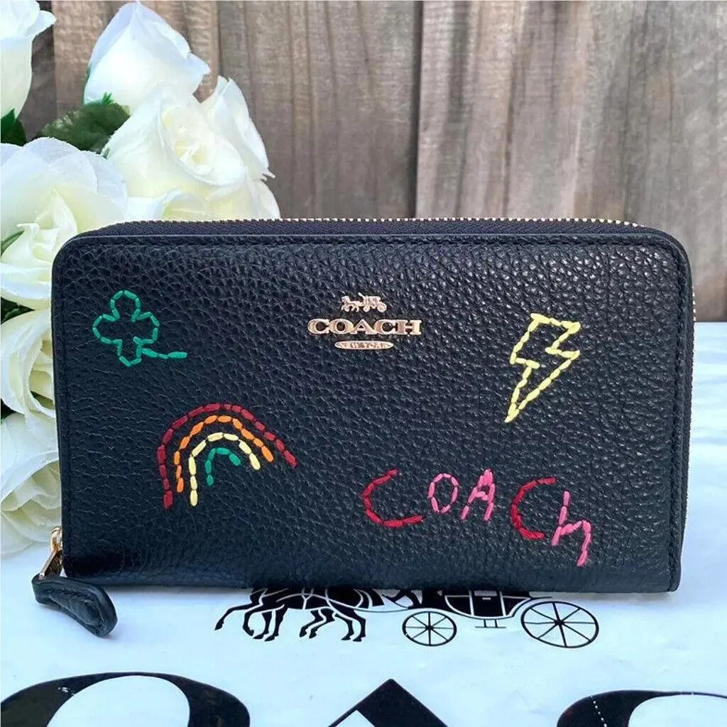 Medium Id Zip Wallet with Diary Embroidery Gold/Black Multi by Coach
