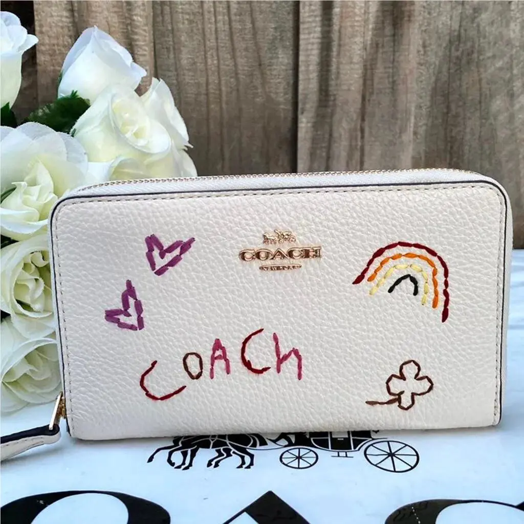 Medium Id Zip Wallet with Diary Embroidery Gold/Chalk Multi by Coach