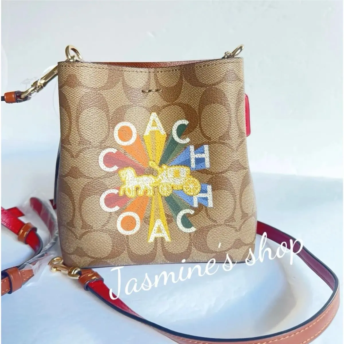 Mini Town Bucket In Signature Canvas with Rainbown /rose/ Plaid Print c6835 Gold/Khaki Multi by Coach