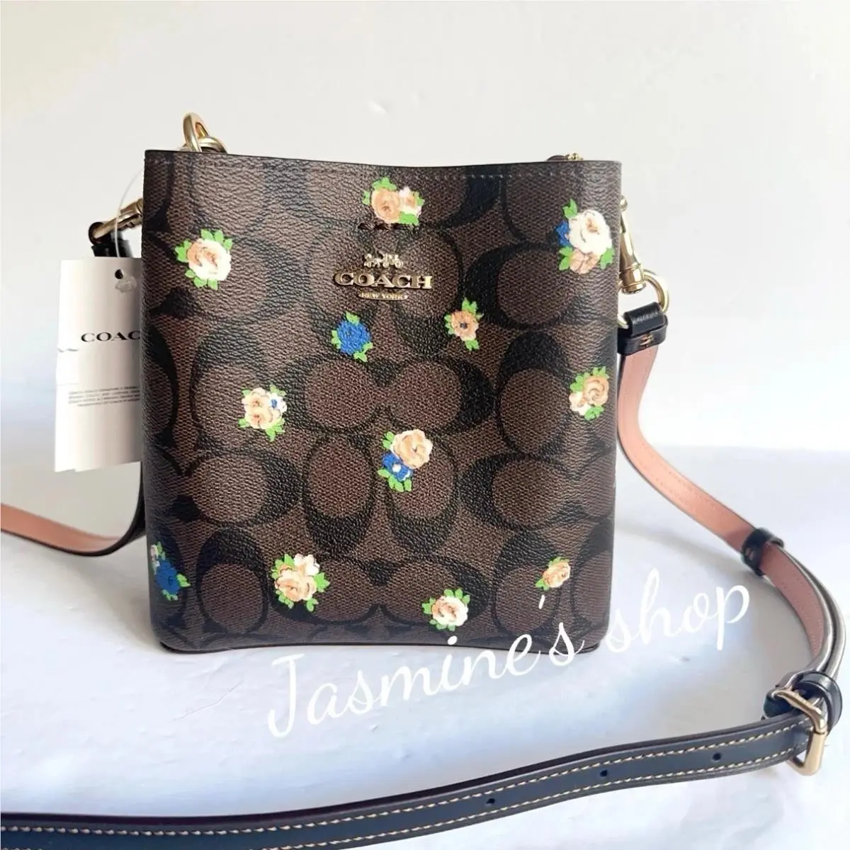 Mini Town Bucket In Signature Canvas with Rainbown /rose/ Plaid Print c7270 Gold/Brown Black Multi by Coach