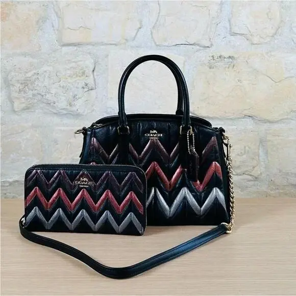 Mini Sage Multi Black Carryall with Chevron Quilting / Wallet Option Handbag+Wallet by Coach