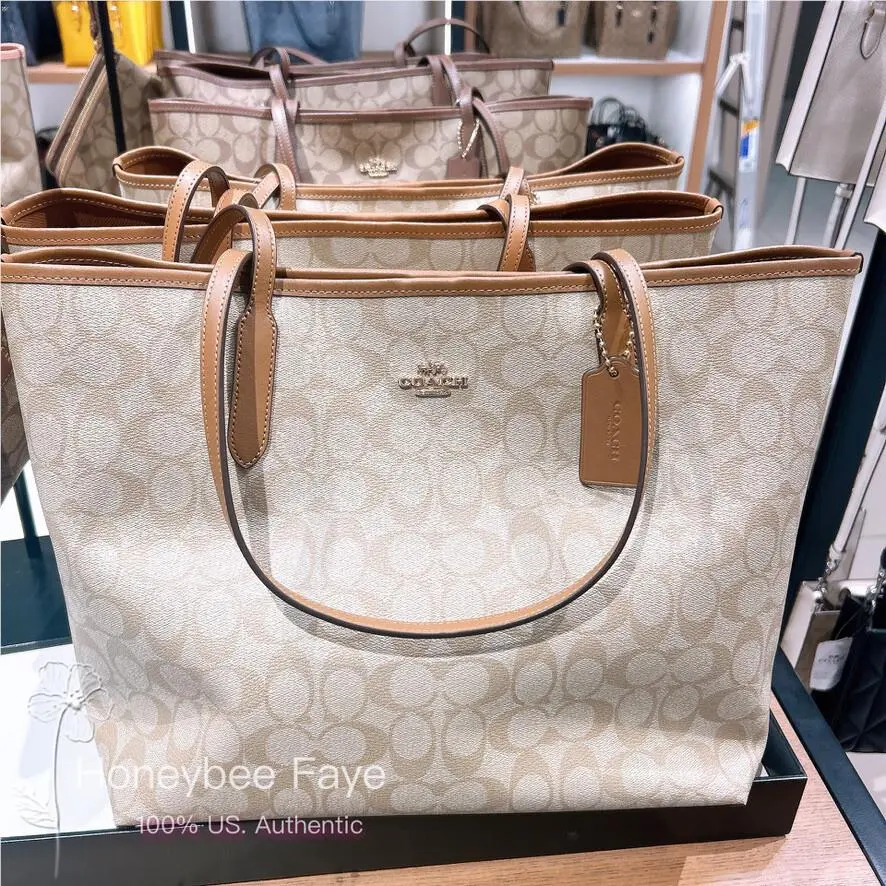 Classic City Tote In Signature Canvas 5696/CV976 IM/LT KHAKI/LT SADDLE by Coach