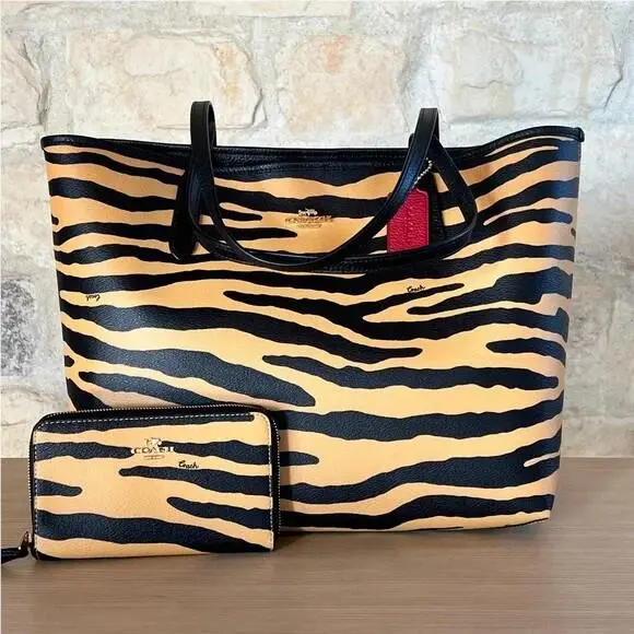 Coach Tiger Print City Shoulder Women`s Tote Leather/ Canvas Wallet Option