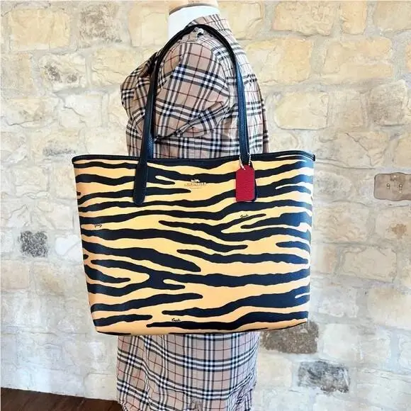 Tiger Print City Shoulder Women`s Tote Leather/ Canvas Wallet Option Handbag by Coach