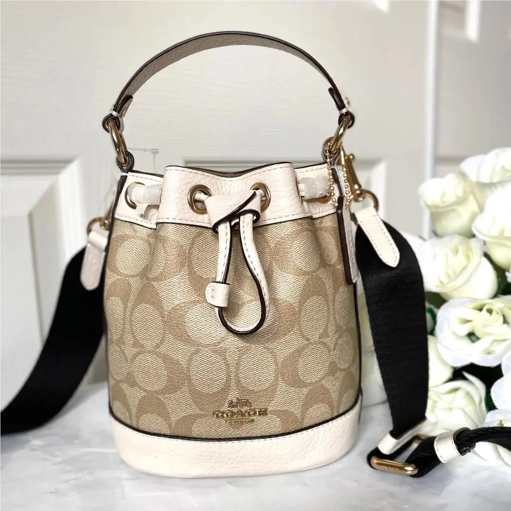 Dempsey Drawstring Bucket 15 with  Patch Gold/Light Khaki Chalk by Coach