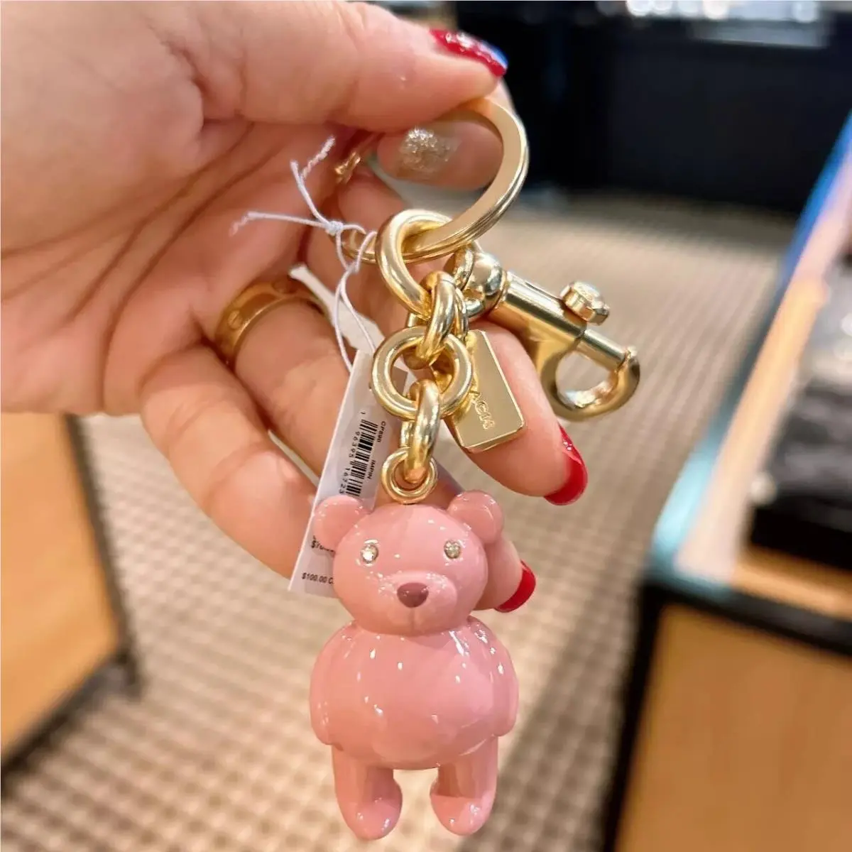 Bear Bag Charm Signature Cavas/metal/leather Key Chain cz195 CP890 Gold/Pink by Coach