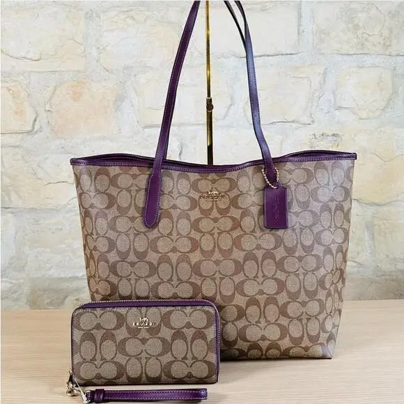 Signature Canvas Khaki Boysenberry City Tote Shoulder Bag/wallet Option Handbag+Wallet by Coach