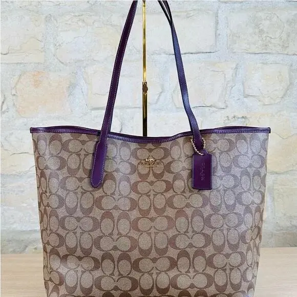 Signature Canvas Khaki Boysenberry City Tote Shoulder Bag/wallet Option Handbag by Coach