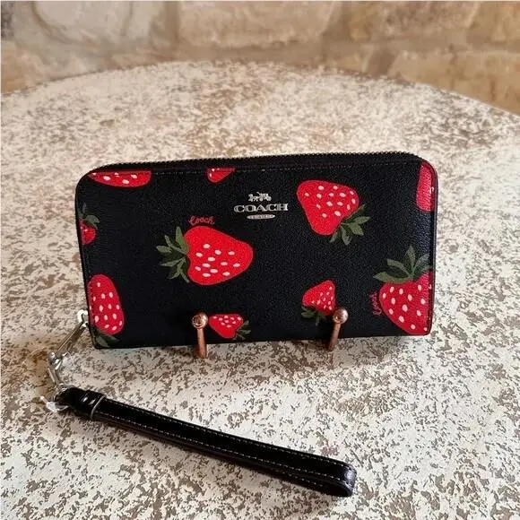 Accordion Long Zip Around Wallet Various Styles Bow Bees Strawberry Black and strawberry by Coach