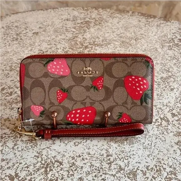 Accordion Long Zip Around Wallet Various Styles Bow Bees Strawberry Siganture brown strawberry by Coach