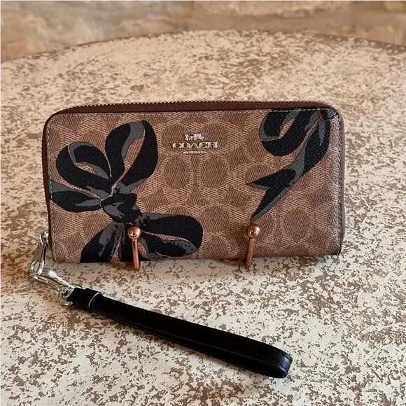 Accordion Long Zip Around Wallet Various Styles Bow Bees Strawberry Signature Brown black bow by Coach