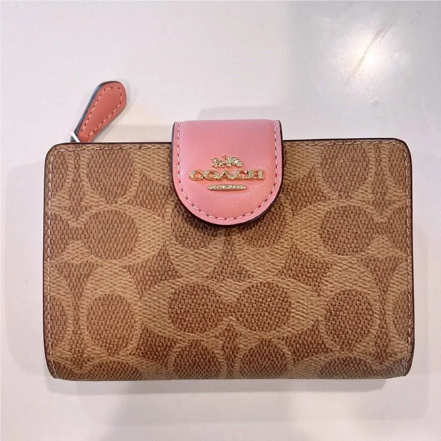 Coach Medium Corner Zip Wallet In Signature Canvas Pink Color