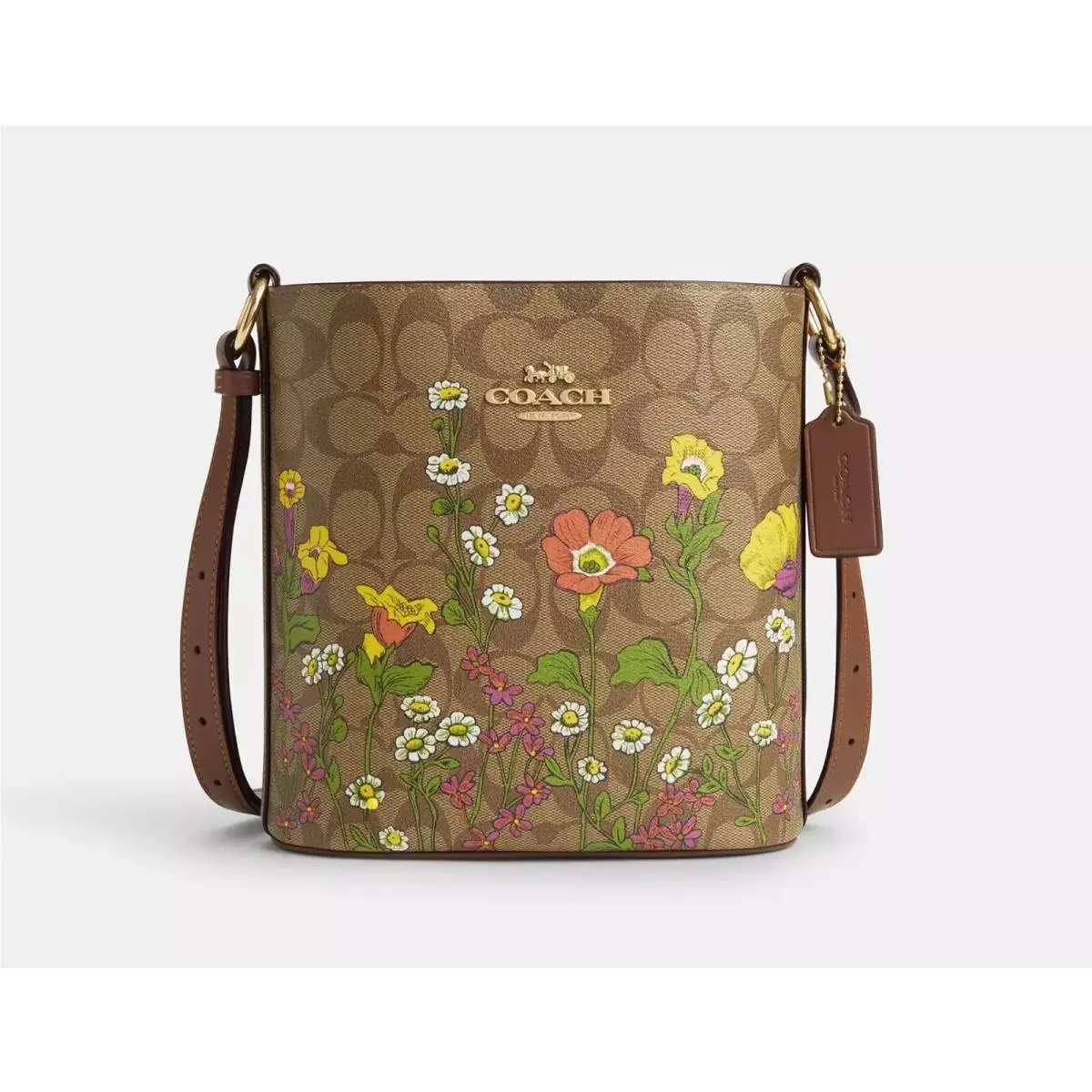 Sophie Bucket Bag In Signature Canvas with Floral Print CR155 Gold/Khaki Multi by Coach
