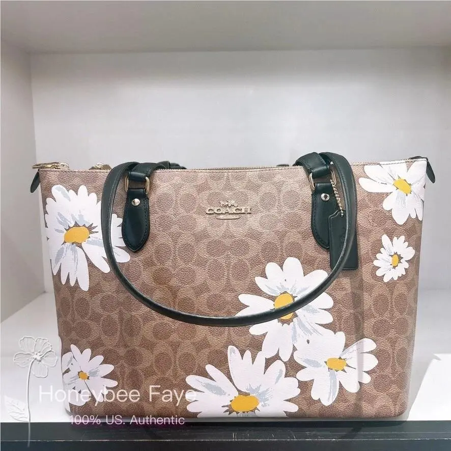 Gallery Tote Bag In Signature Canvas with Patches /rose/ladybug Floral CZ589 Gold/Tan Multi by Coach