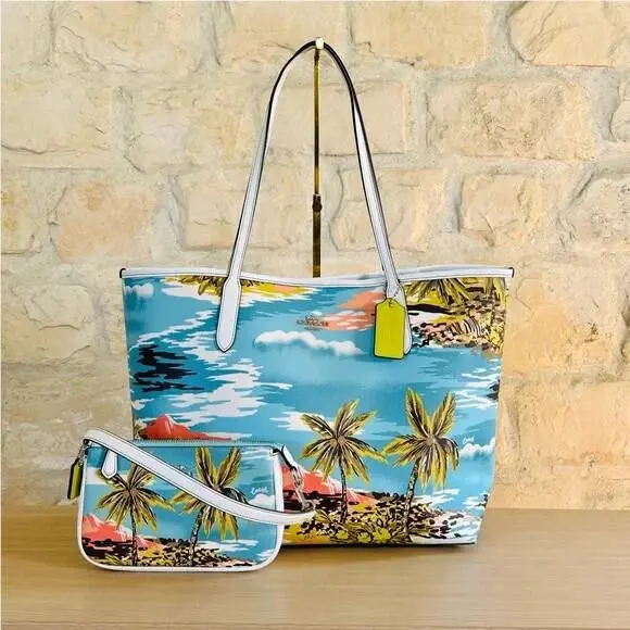 Coach Hawaiian Palm Tree City Shoulder Women`s Tote Leather/ Wallet Option