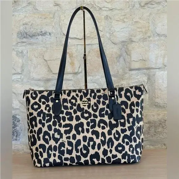 Coach Gallery Tote Signature Canvas Leopard Print Brown Black Bag/wallet Option