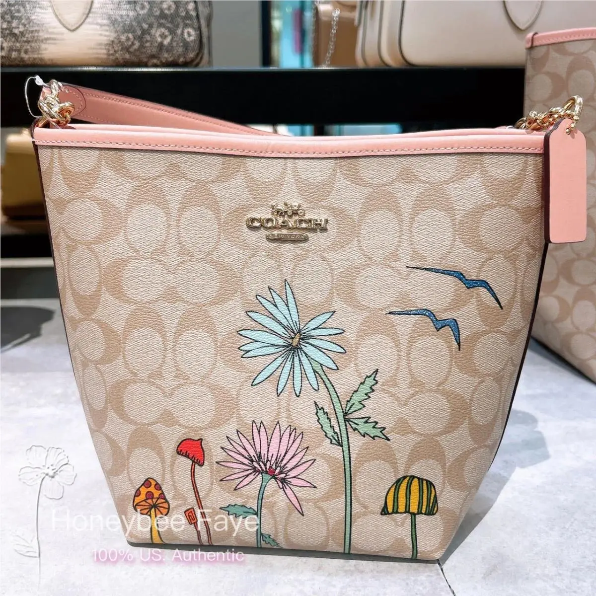 City Bucket Bag In Signature Canvas with Bow / Floral/shell/observed CU394 Gold/Light Khaki Multi by Coach