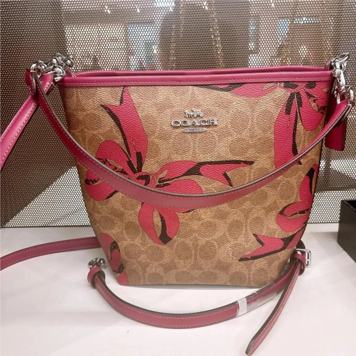 City Bucket Bag In Signature Canvas with Bow / Floral/shell/observed CY651 Silver/Tan/Pink Multi by Coach