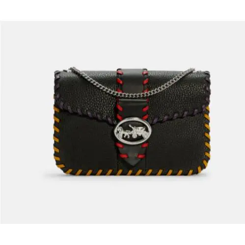 Black Red Contrast Leather Flap Chain Crossbody Xs/small Go to Bag Black Multi woven leather silver-tone yellow red by Coach