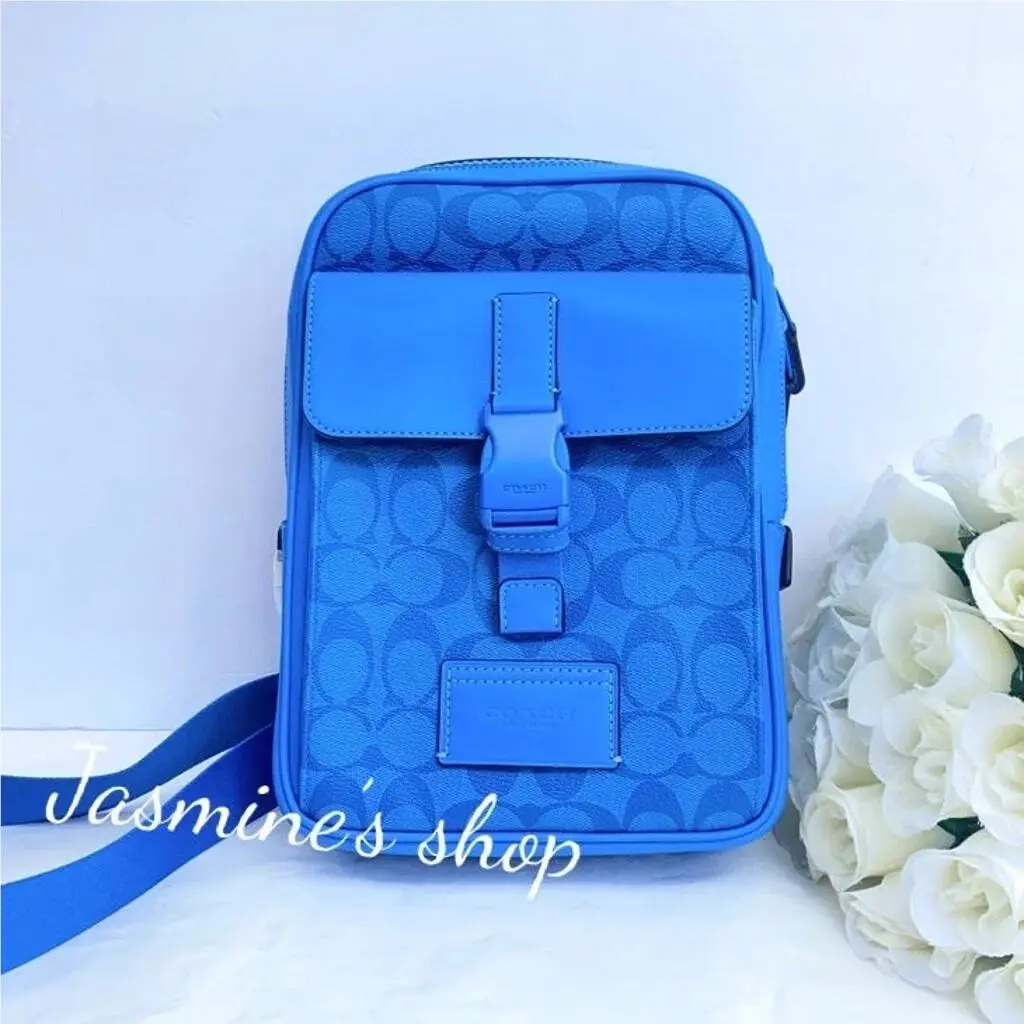 Men`s Track Pack in Colorblock Signature Canvas Crossbody Bag c9838/Gunmetal/Bright Blue by Coach
