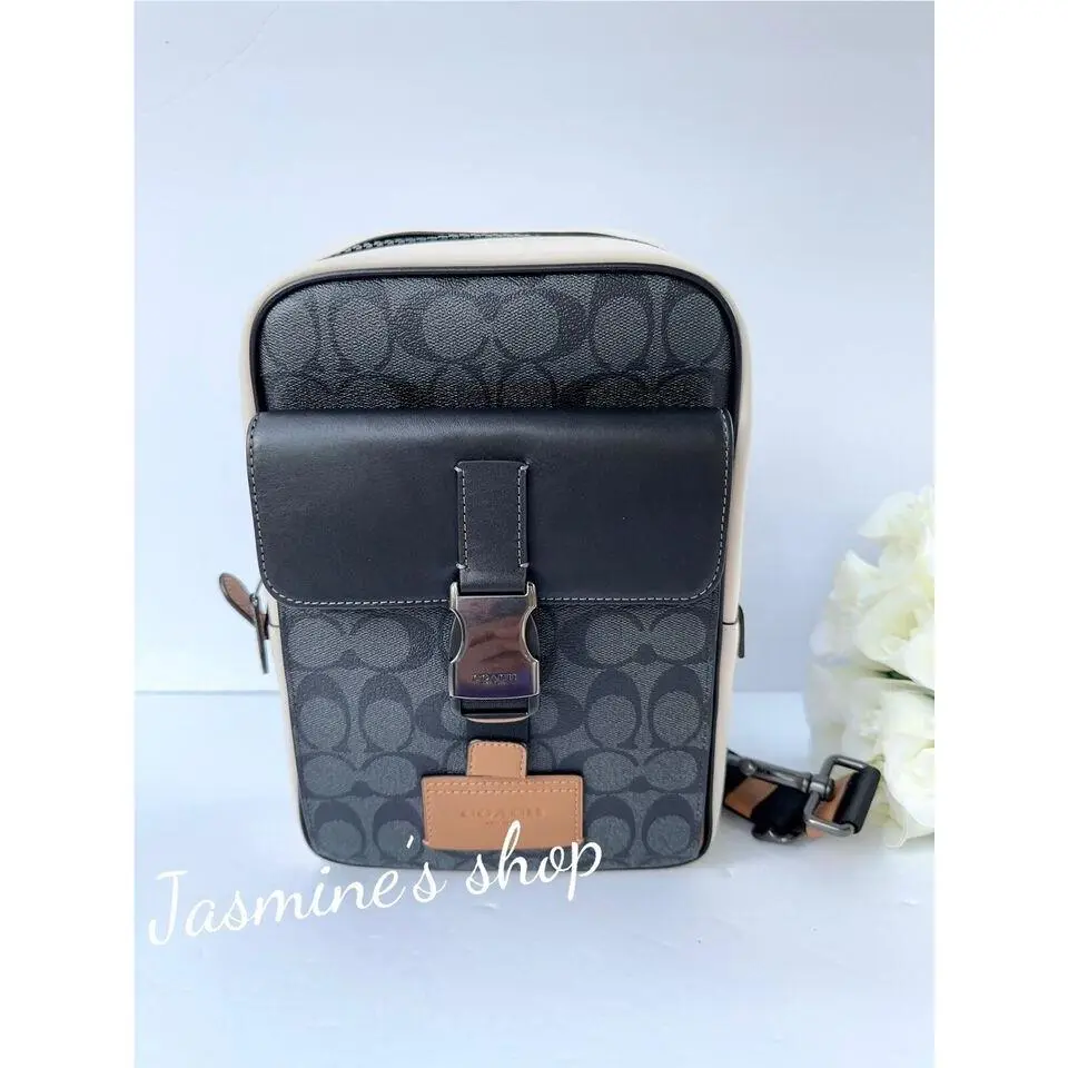 Men`s Track Pack in Colorblock Signature Canvas Crossbody Bag CR269/charcoal/chalk/light saddle by Coach