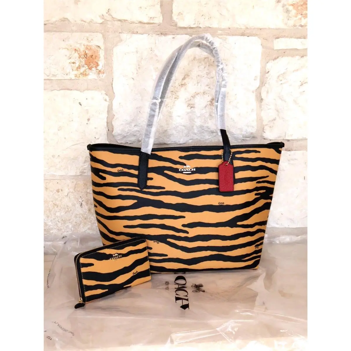 Coach Tiger Print City Shoulder Women`s Tote Leather/ Canvas Wallet Option
