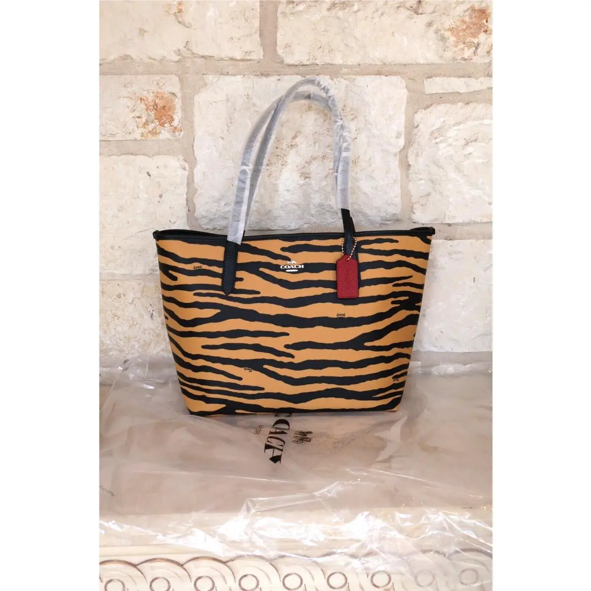 Tiger Print City Shoulder Women`s Tote Leather/ Canvas Wallet Option Handbag by Coach