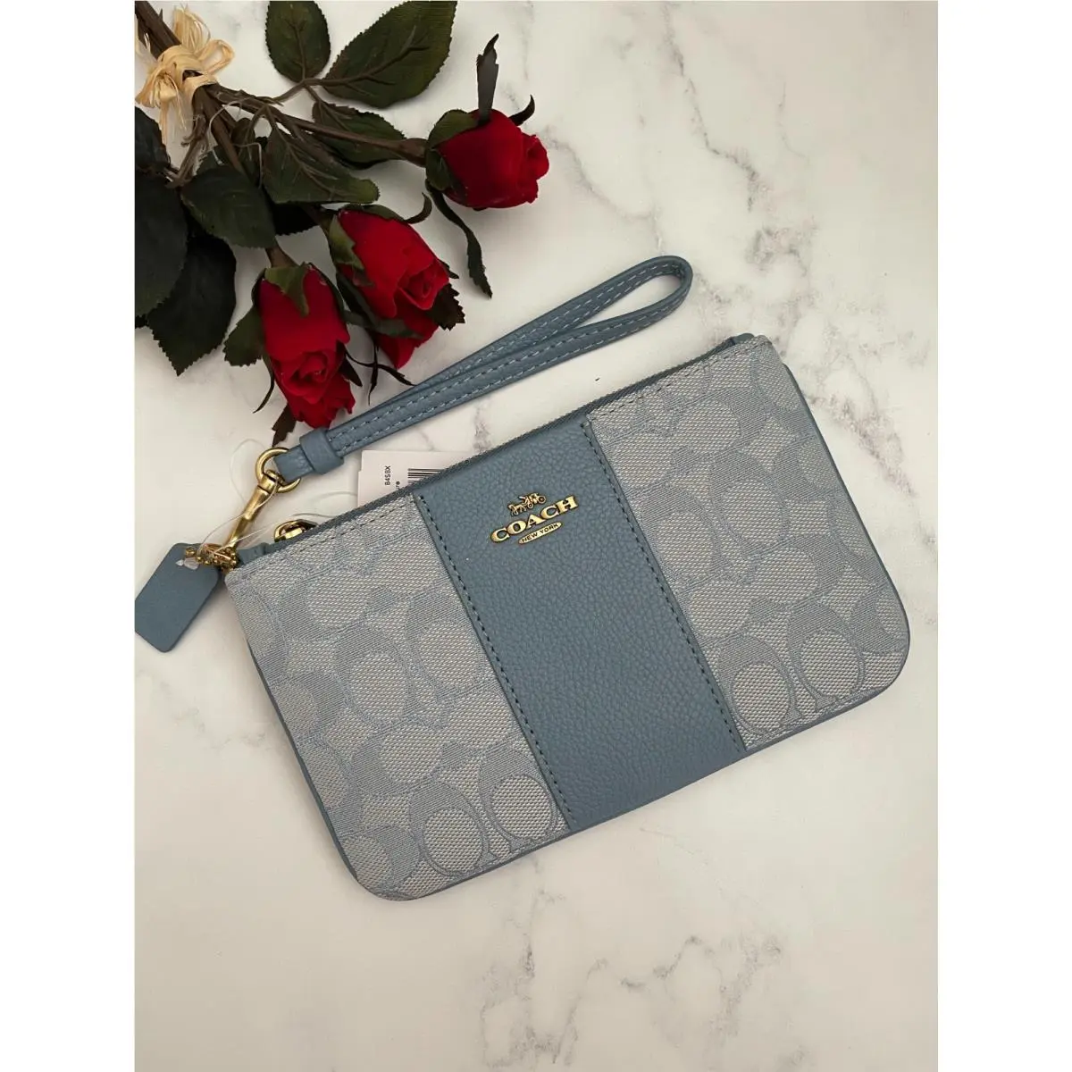 BN  Zip Top Wristlet Pick One 5476 Marble Blue Azure signature Jacqard by Coach