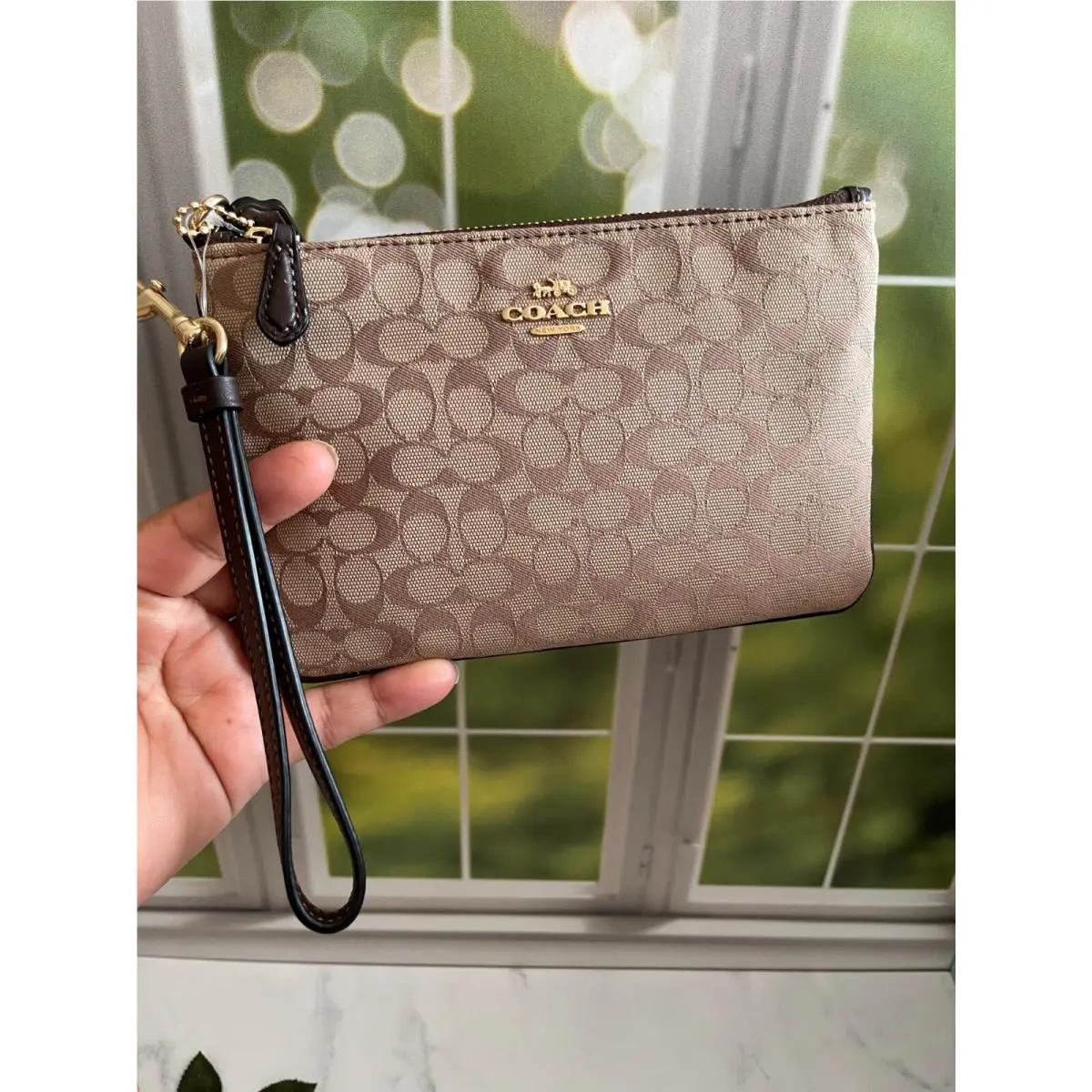 BN  Zip Top Wristlet Pick One 86098B khaki Signature Jacquard by Coach
