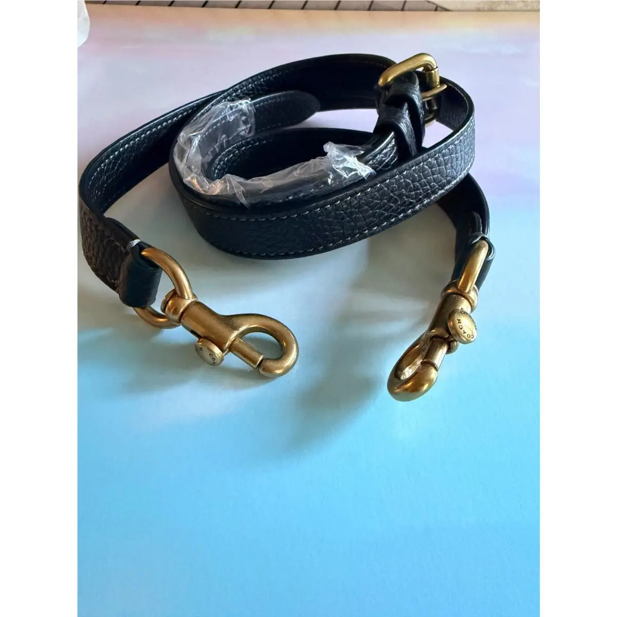 BN  Novelty Guitar Strap Sig Floral Solid Leather Canvas Bag Strap BLACK & GOLD LEATHER STRAP by Coach