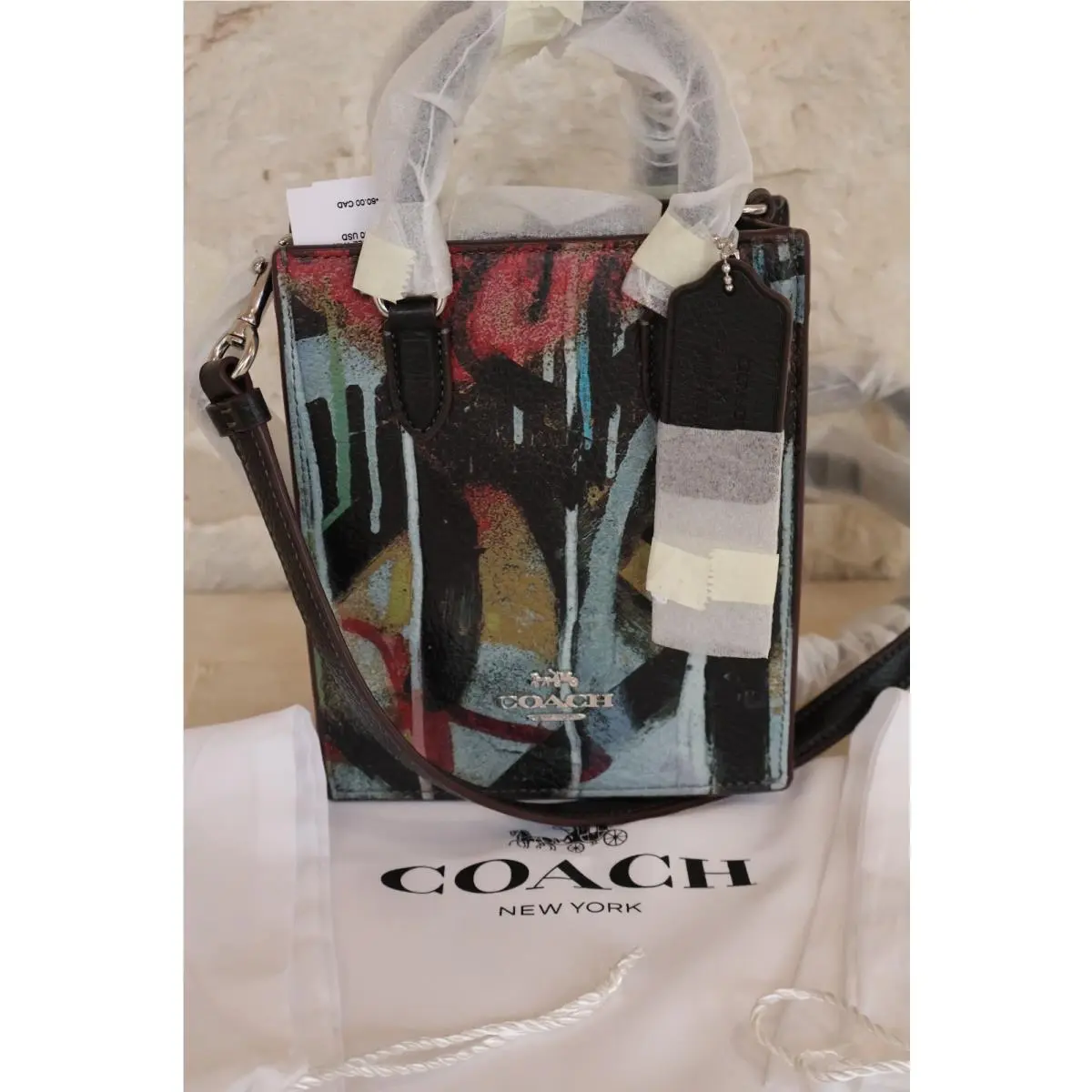 X Mint + Serf Leather Mini Tote Dust Bag Zip Cardcase or 2 Pc. Set Mini Tote  Dust bag Graffiti Black multi new by Coach