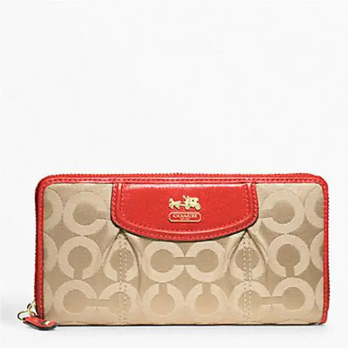 Signature Leather Checkbook Zip Top Wallet Light Khaki Papaya by Coach