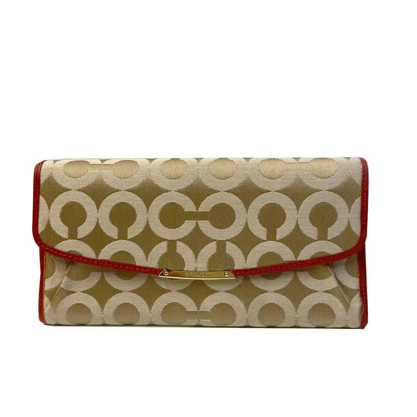 Signature Leather Checkbook Zip Top Wallet Light Khaki Vermillion by Coach