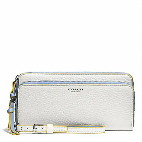 Signature Leather Checkbook Zip Top Wallet White Blue Oxford by Coach