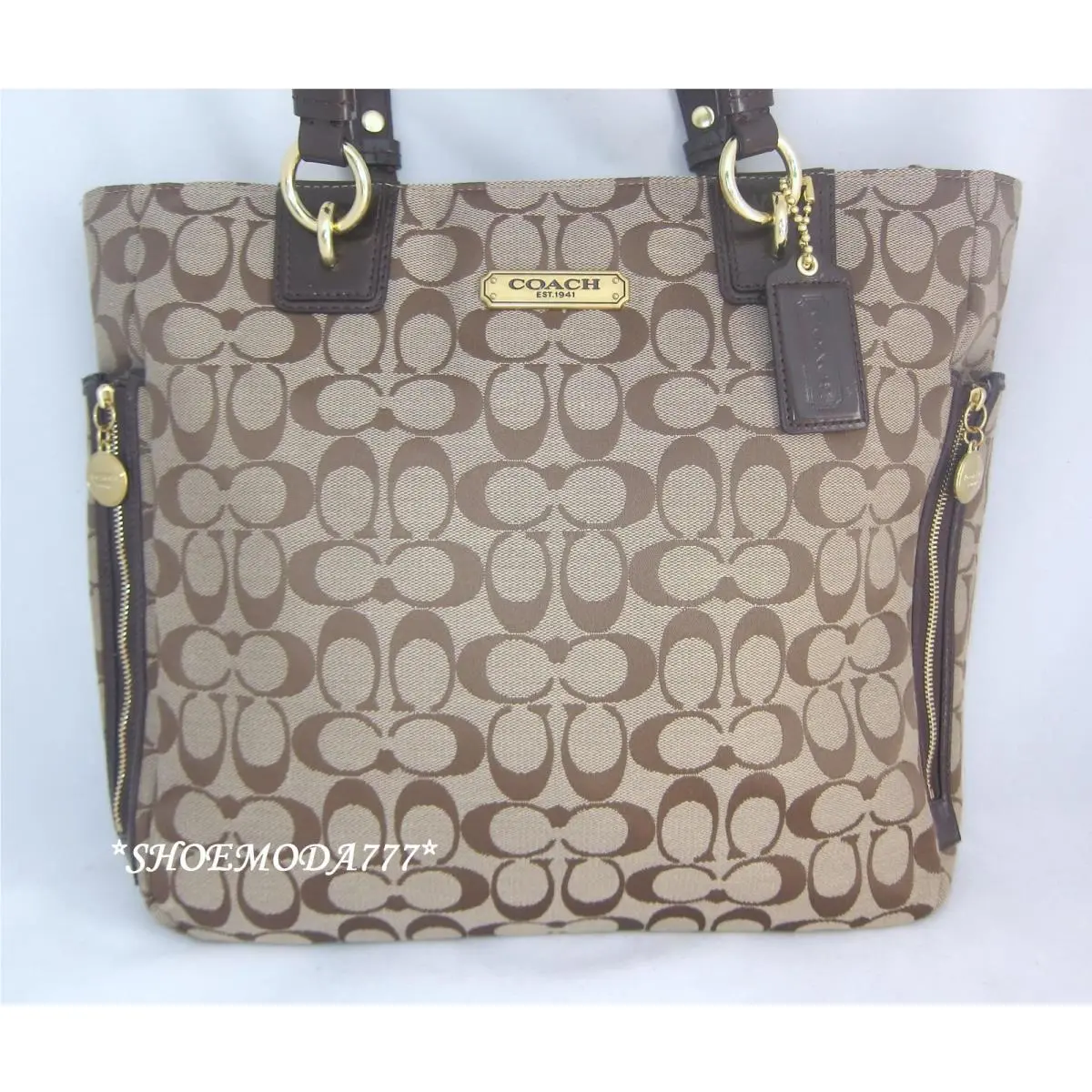 Coach Gallery NS Zipper Tote Bag Handbag Purse Signature Black Khaki 19388