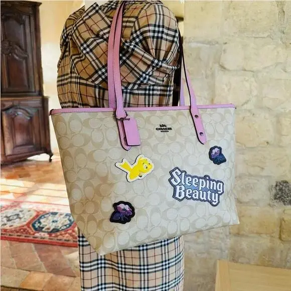 X Disney Sleeping Beauty City Zip Tote Signature Coated Canvas Handbag+wallet by Coach