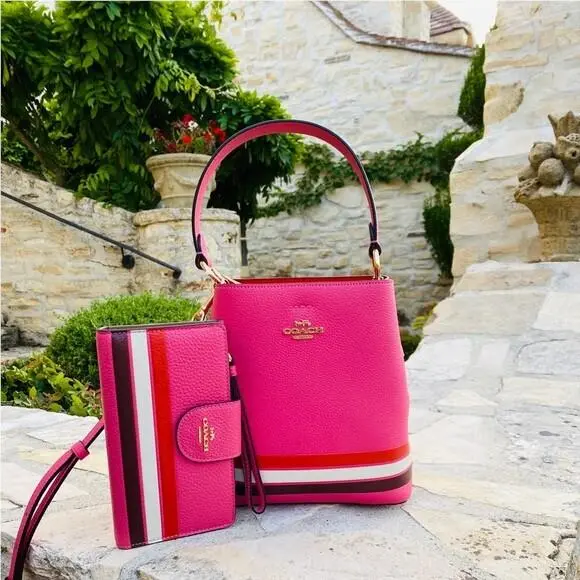Retro Stripe Sm Town Bucket Leather Crossbody Handbag/wallet Mango handbag+wallet by Coach