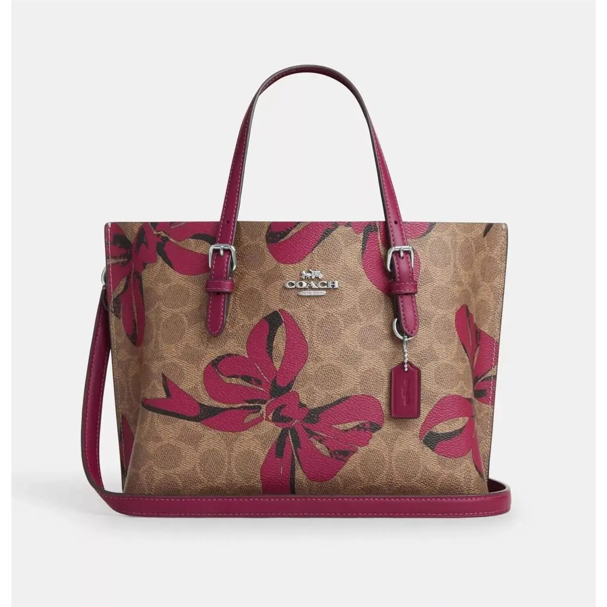 Mollie Tote Bag 25 In Signature Canvas with Bow Print CZ767/CY648 brown pink bow by Coach