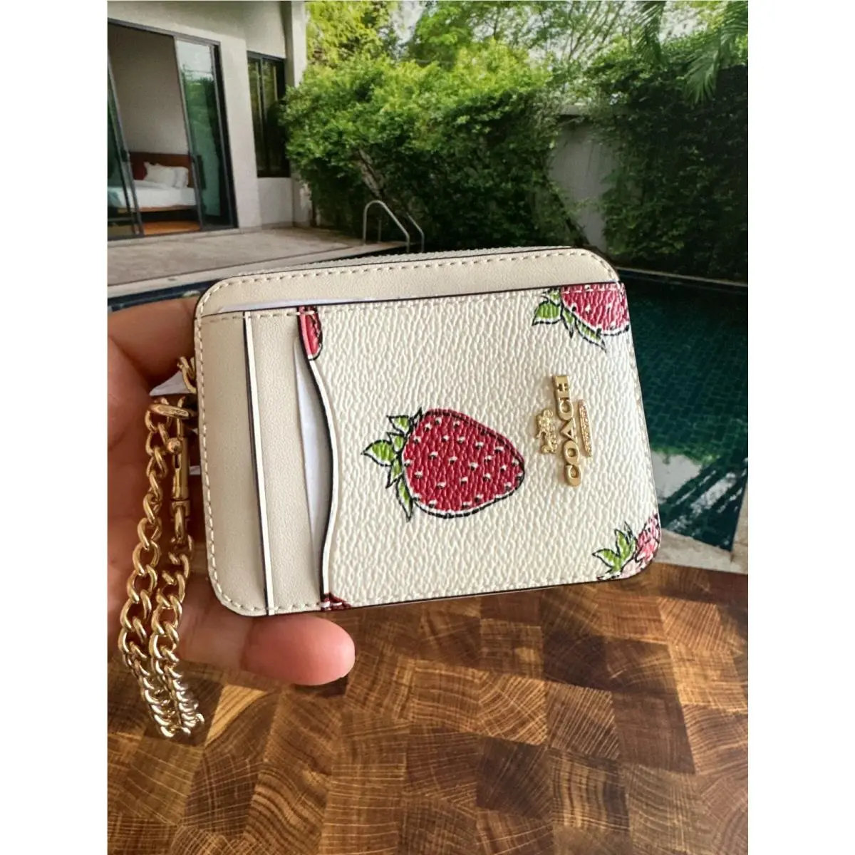 BN  Zip Card Case W Chain Wristlet Wallet CAR32 CHALK MULTI STRAWBERRY by Coach