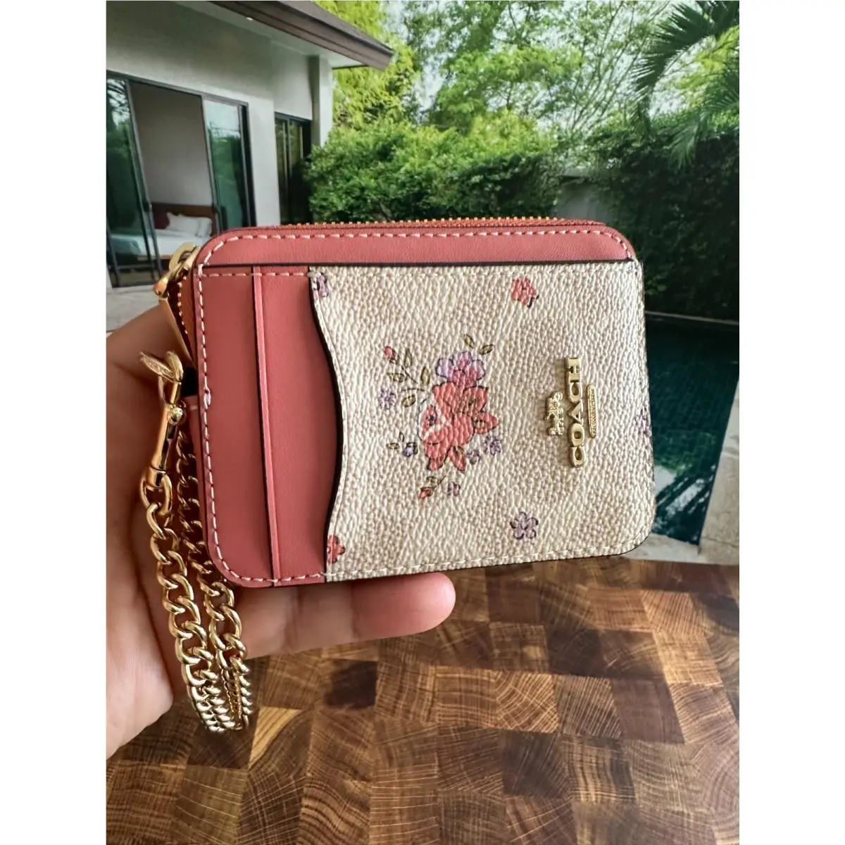 BN  Zip Card Case W Chain Wristlet Wallet CAU45 SAND MULTI by Coach