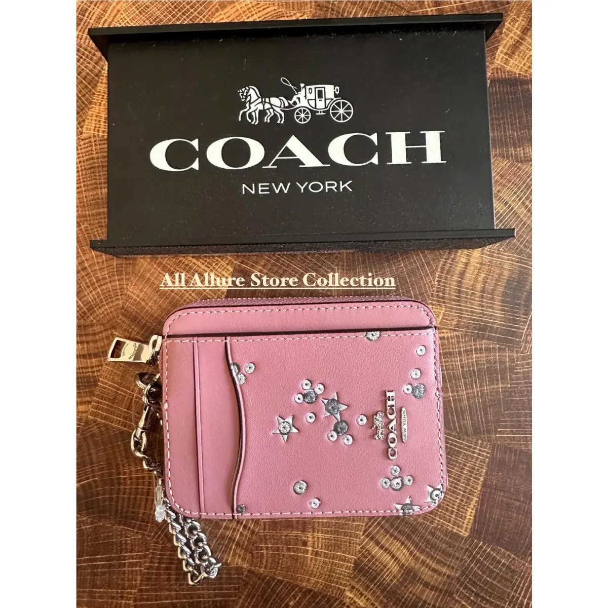 BN  Zip Card Case W Chain Wristlet Wallet CC026 DUSTY PINK STAR PRINT by Coach
