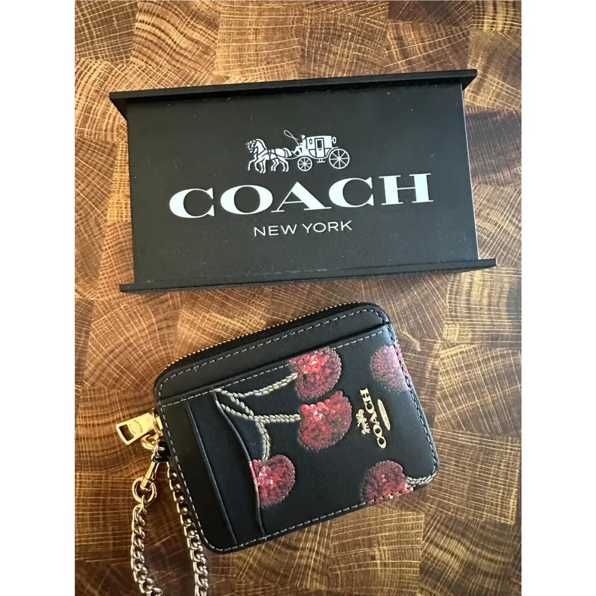 BN  Zip Card Case W Chain Wristlet Wallet CDF99 BLACK MULTI CHERRY PRINT by Coach