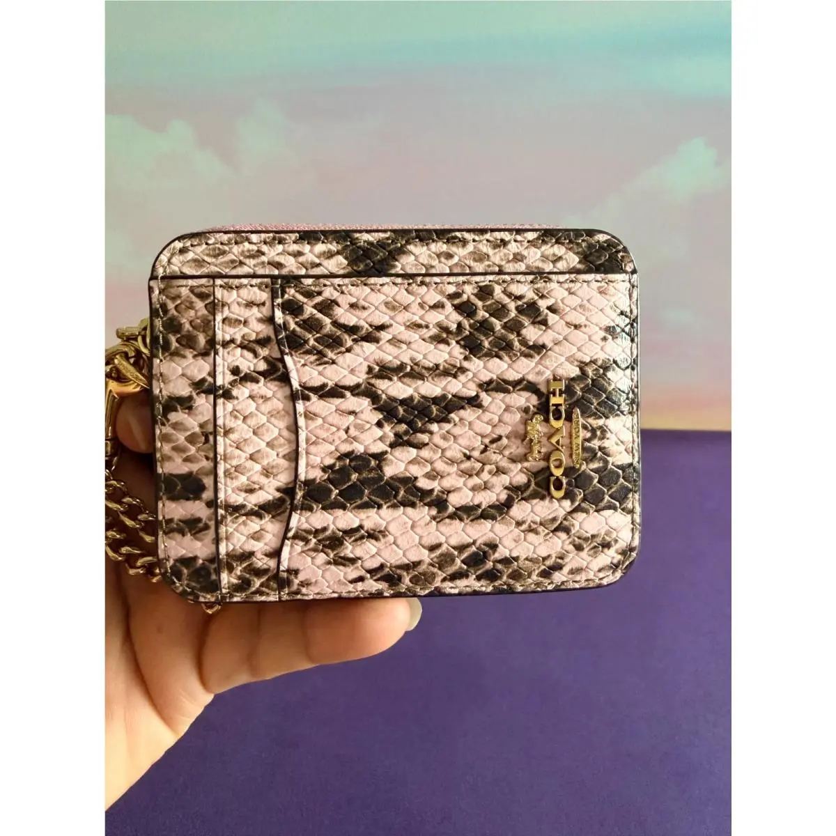 BN  Zip Card Case W Chain Wristlet Wallet CEC53 Pink snk Embssd LT by Coach