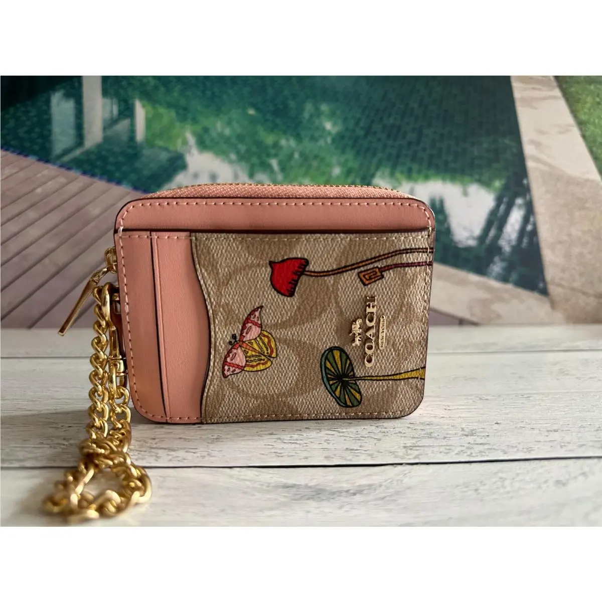 BN  Zip Card Case W Chain Wristlet Wallet CU403 LIGHT KHAKI/LIGHT PINK X Observed By Us by Coach